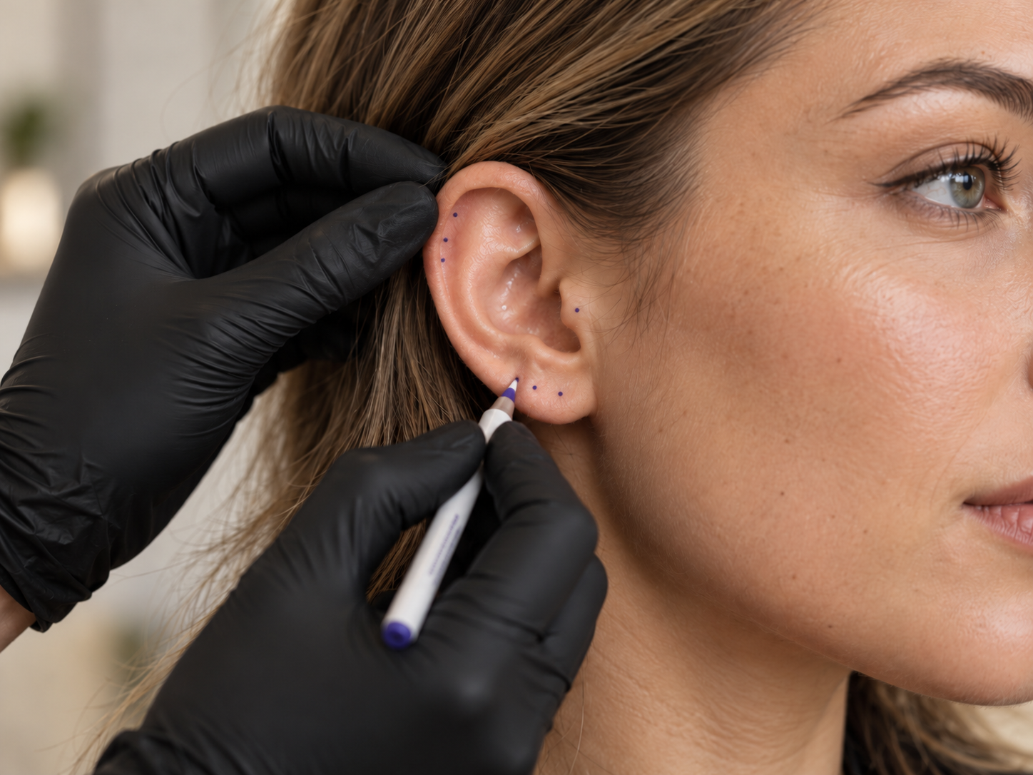 Vorbereitung für Ohrpiercings: Einstichstellen werden mit einem violetten Markierstift am Ohr einer Frau angezeichnet.